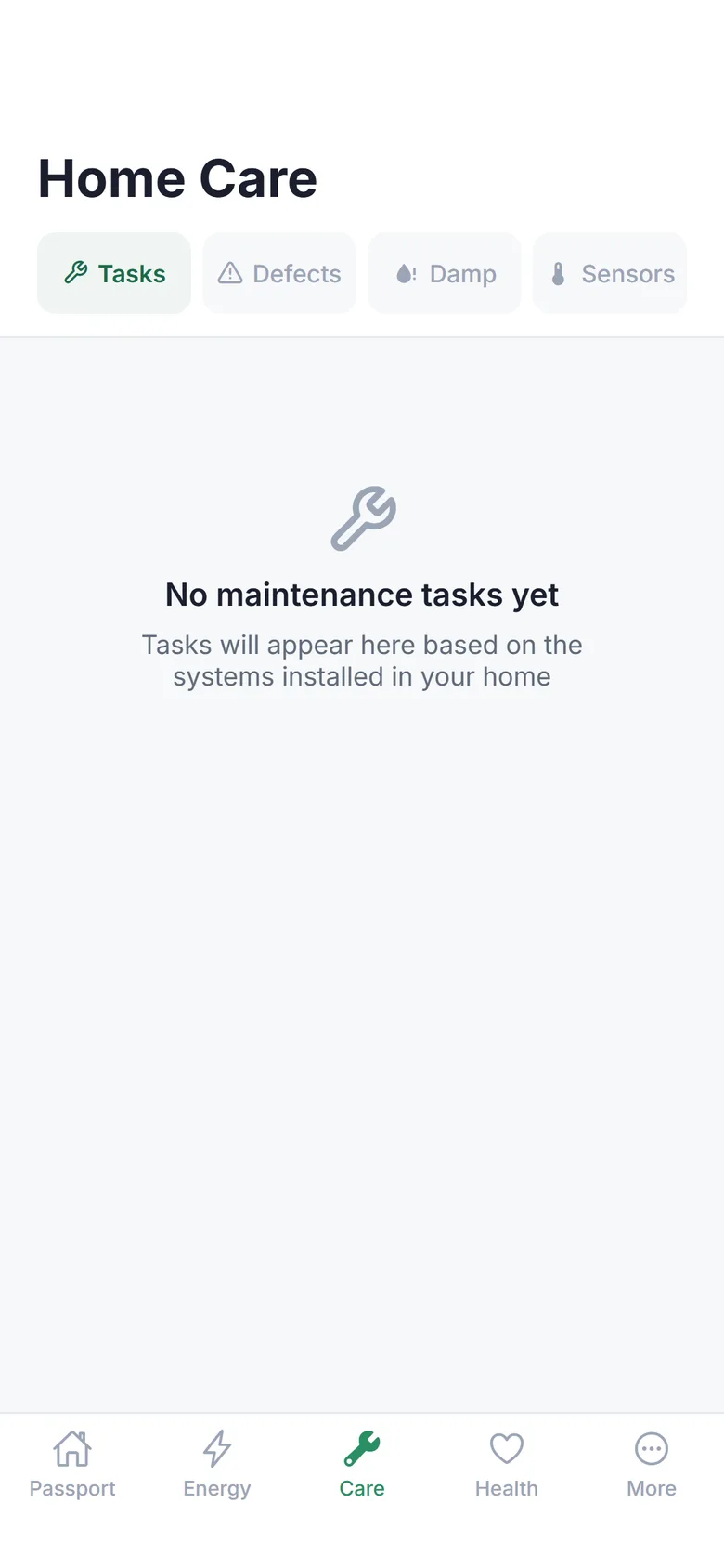 HomePassport care tab showing maintenance and property health on mobile