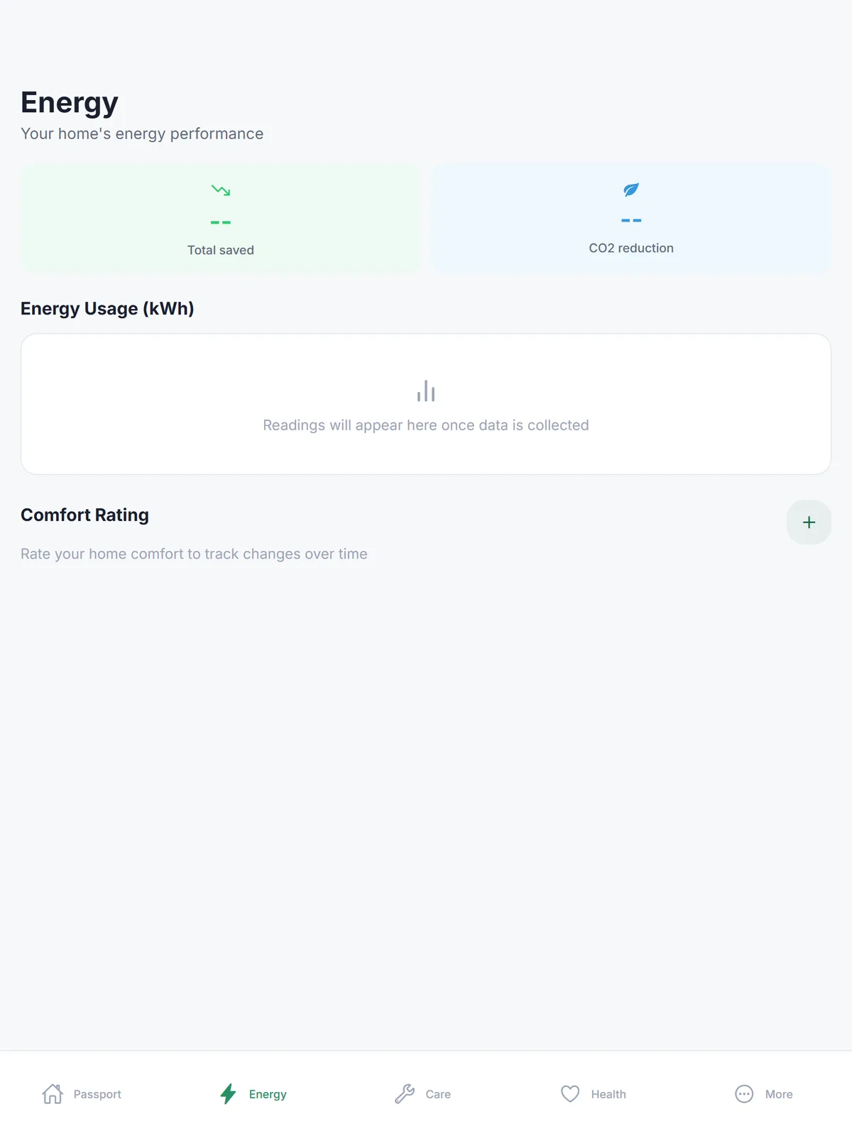 HomePassport energy tab showing usage and costs on tablet